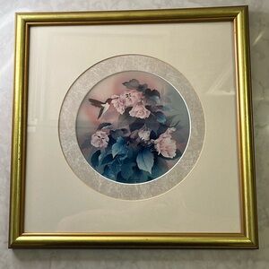 15.5” x 15.5” floral hummingbird signed print framed and double mat 3/200